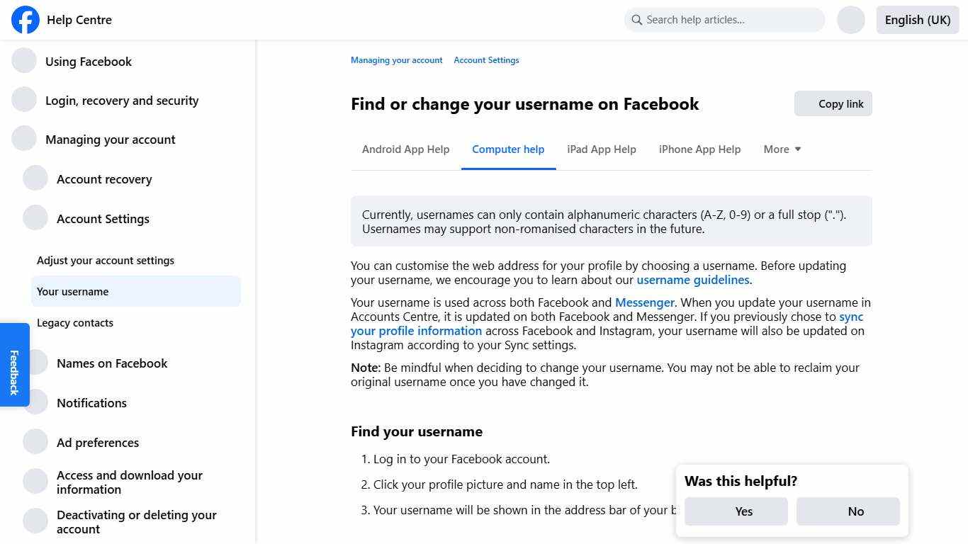 Find or change your username on Facebook Facebook Help Centre